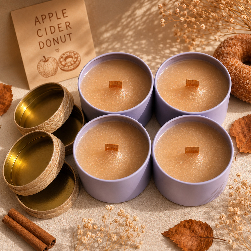 Handmade Candle Set of 4 Apple Cider Donut Scent Wood Wick Imperfect Batch